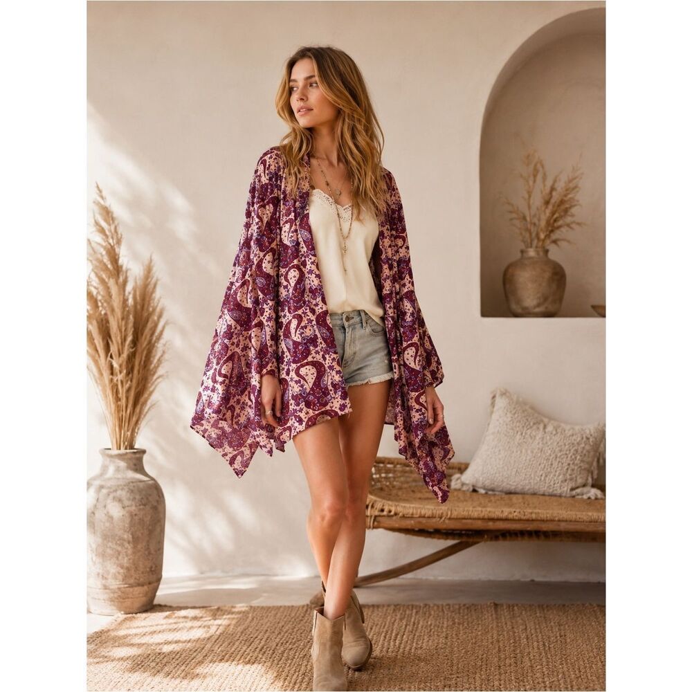 Winter Kate Jasmine Velvet Paisley Kimono Cardigan- Purple Boho Chic Aesthetic